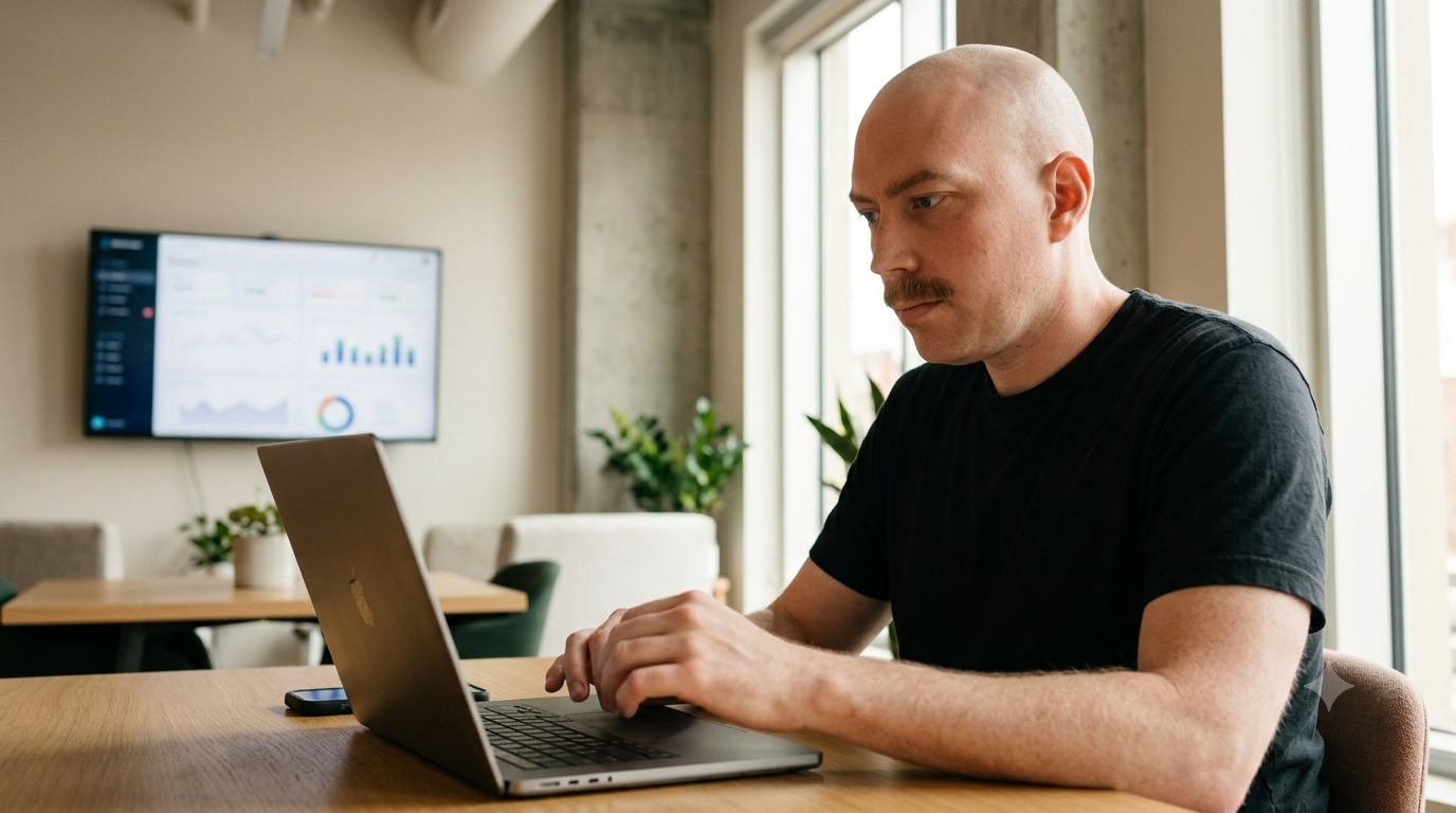 Jan Biesinger fokussiert am Laptop mit Dashboard im Hintergrund